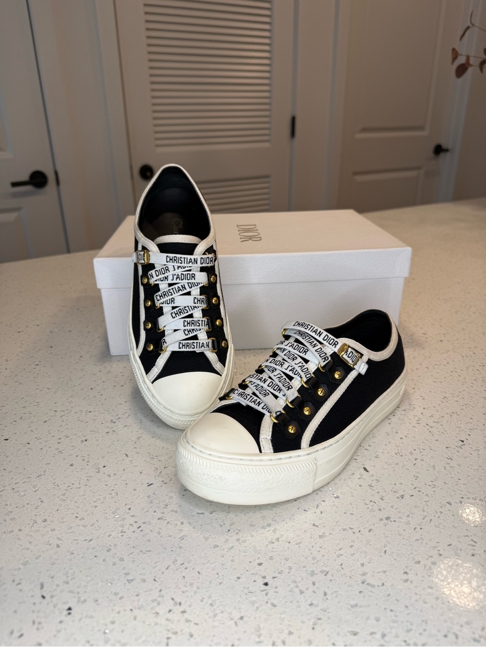 Dior Black and White Canvas Platform Sneakers with Logo Ribbon Laces